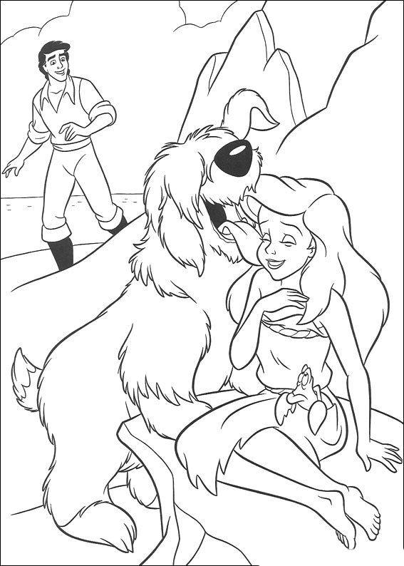 coloriage Arielle la petite sirene joue avec le chien du prince